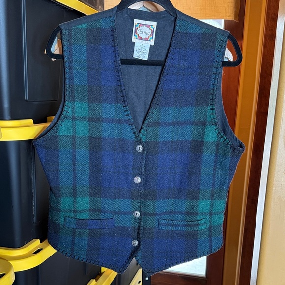 Vintage Erika Blue and Green Wool Cotton Blend Plaid Vest Size Medium - Picture 1 of 6
